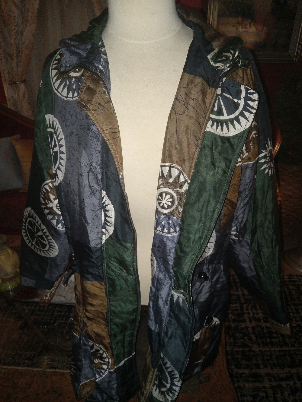 Women's Green and Brown %100 Silk Patterned Hooded Jacket